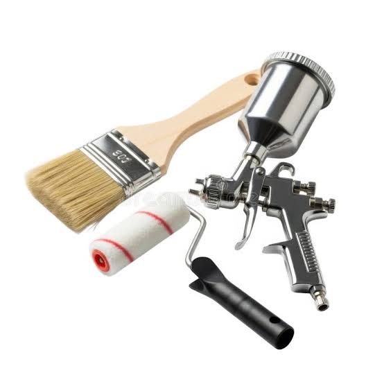 Paint brush, roller and spray gun