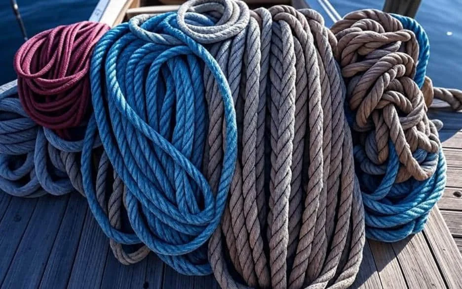 Marine ropes and hawsers coiled on deck