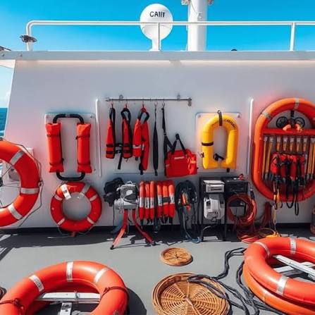 Lifebuoys and lifejackets at deck station